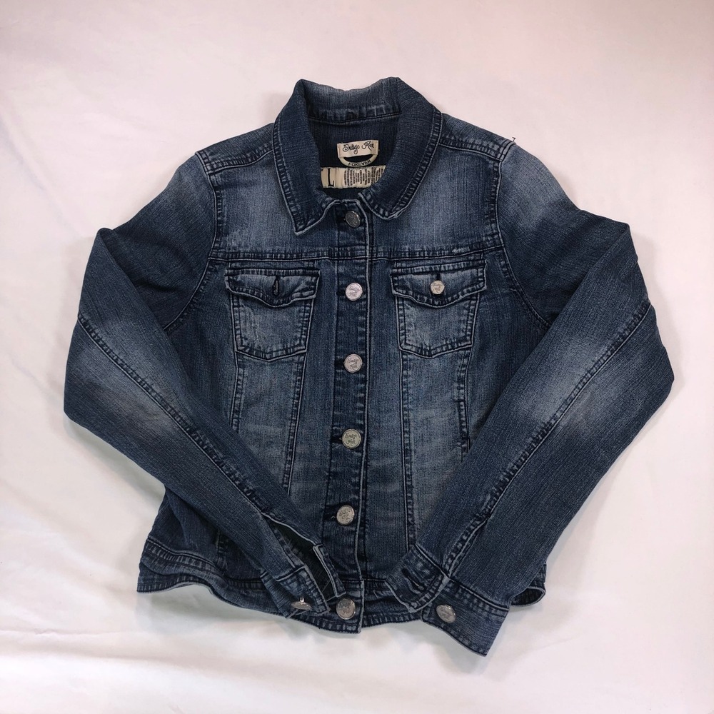 Indigo Rein Forever Womens Denim Jacket Dark Wash Blue Distressed Trucker Large